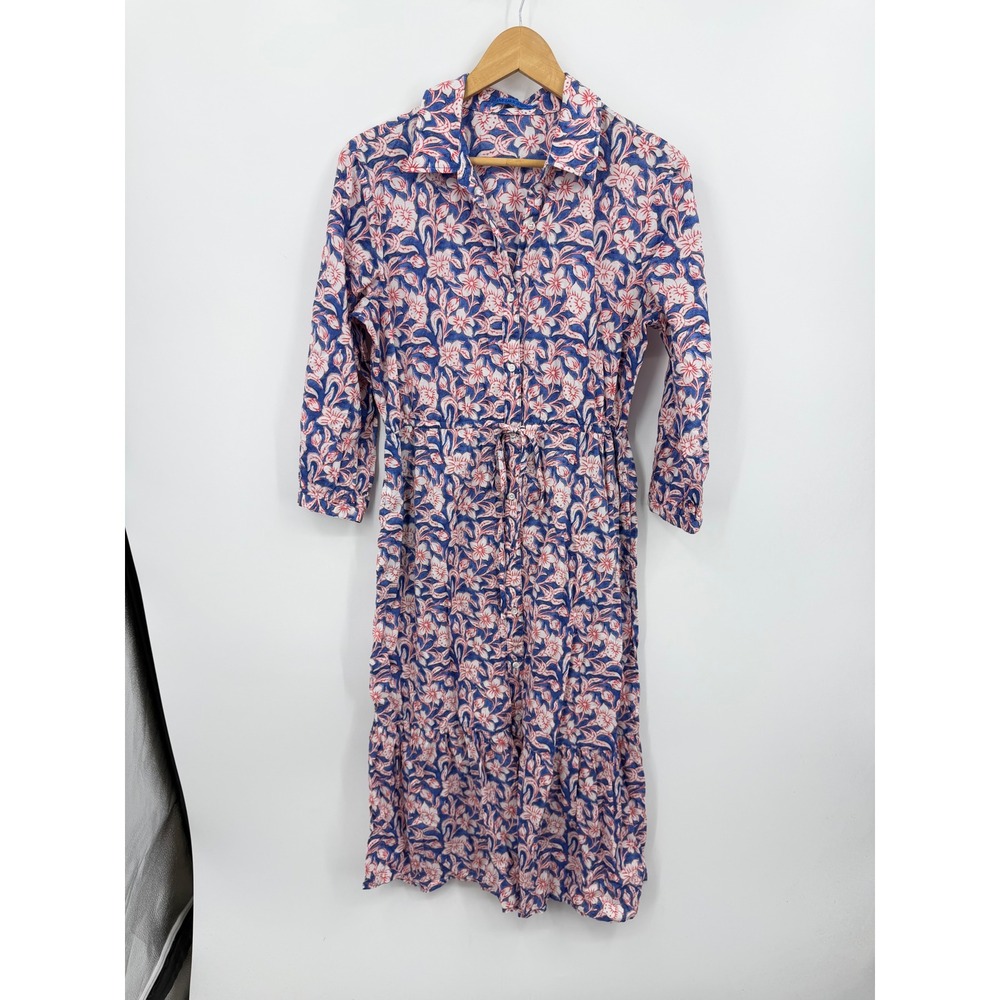 J.McLaughlin Foley Botanical Floral Block Print Midi Dress L Blue Red Tiered
